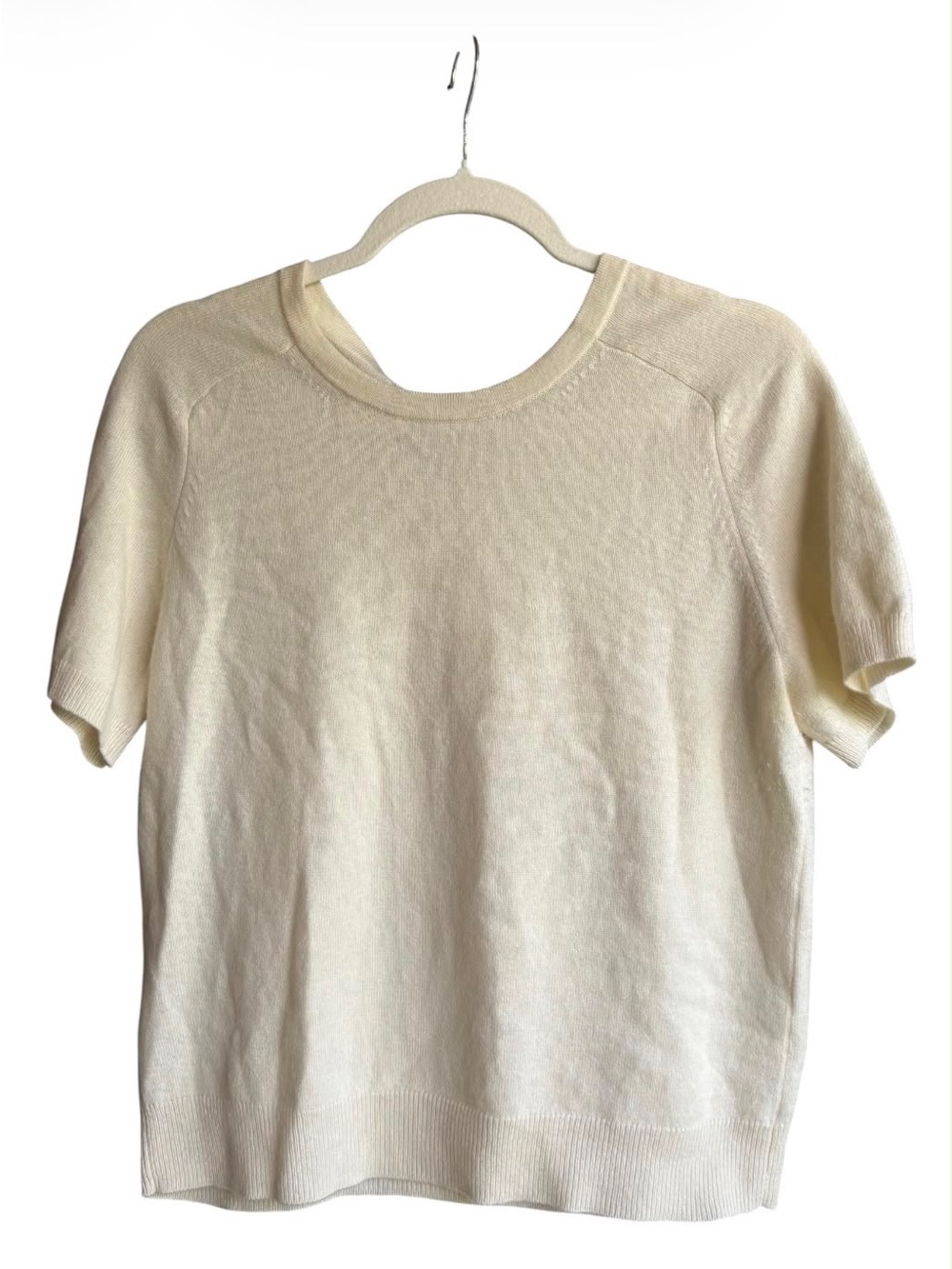 Ann Taylor Womens L 100% Cashmere Ivory Short Sleeve Sweater Back Bow Tie Top
